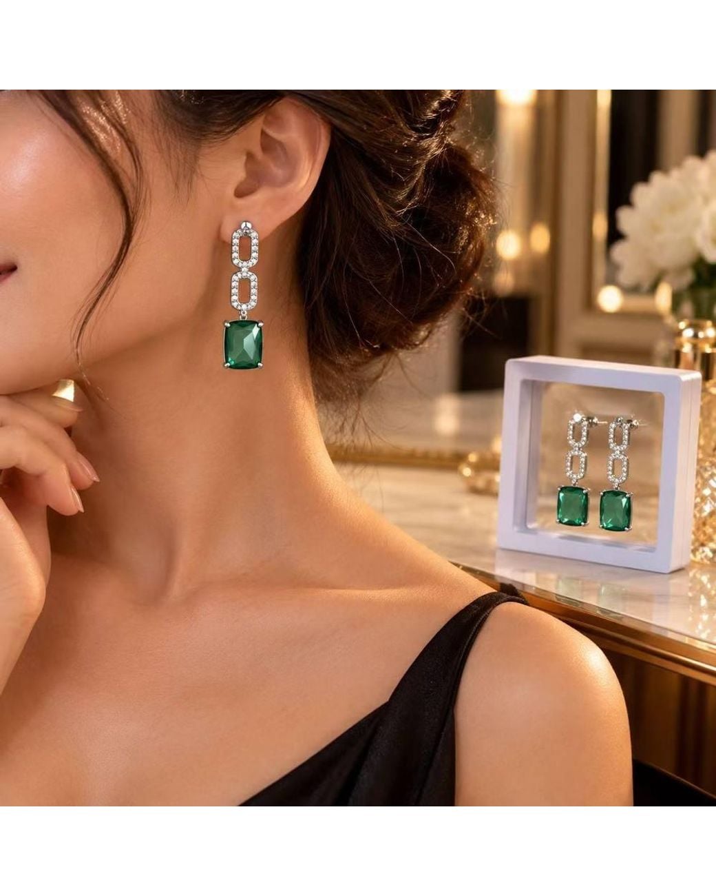 BluCore Green Tone Rectangular Crystal Geometric Drop Earrings