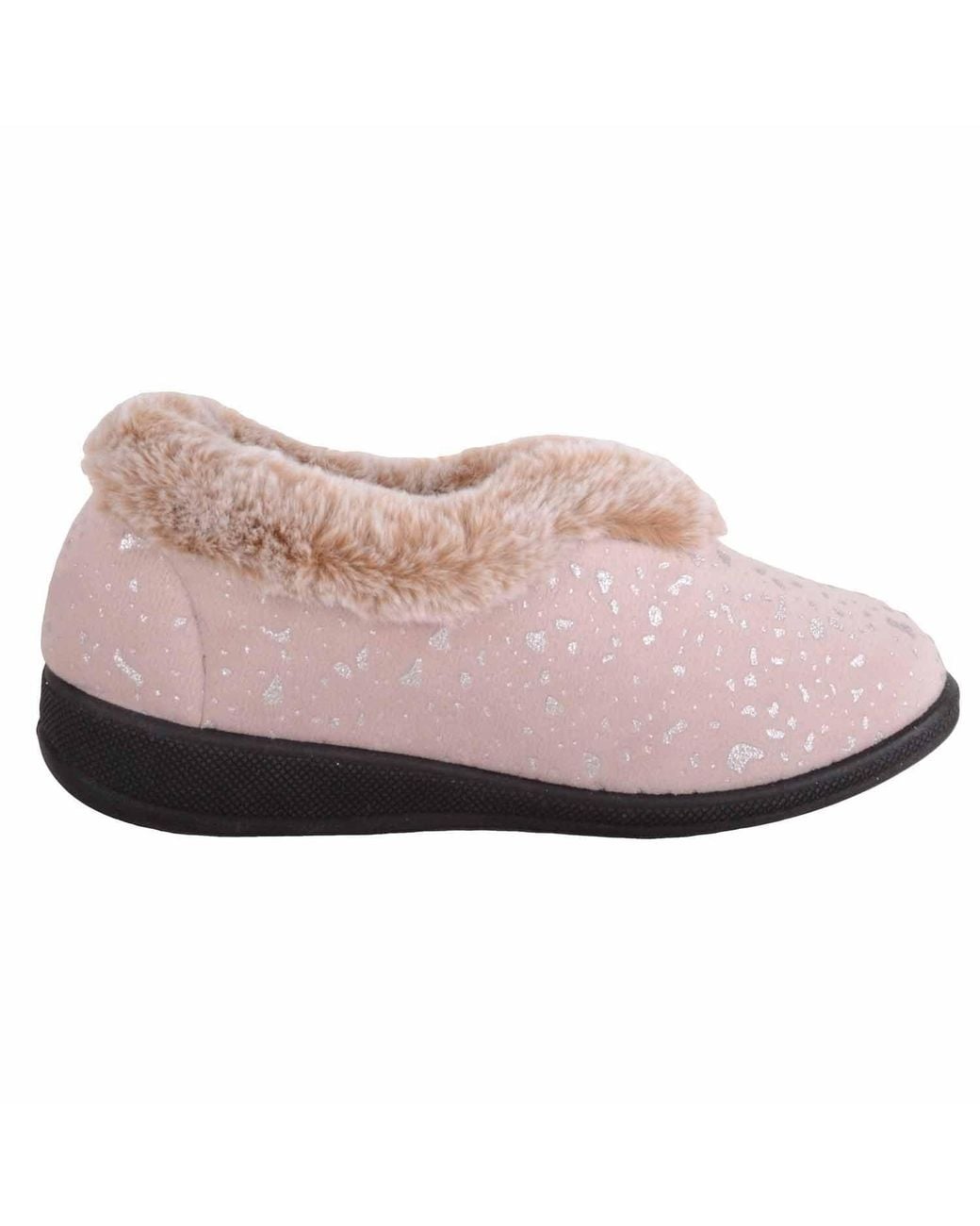 Absolute Footwear Pink Easy Slip On Velour Style Bootee Slipper With Faux Fur Collar
