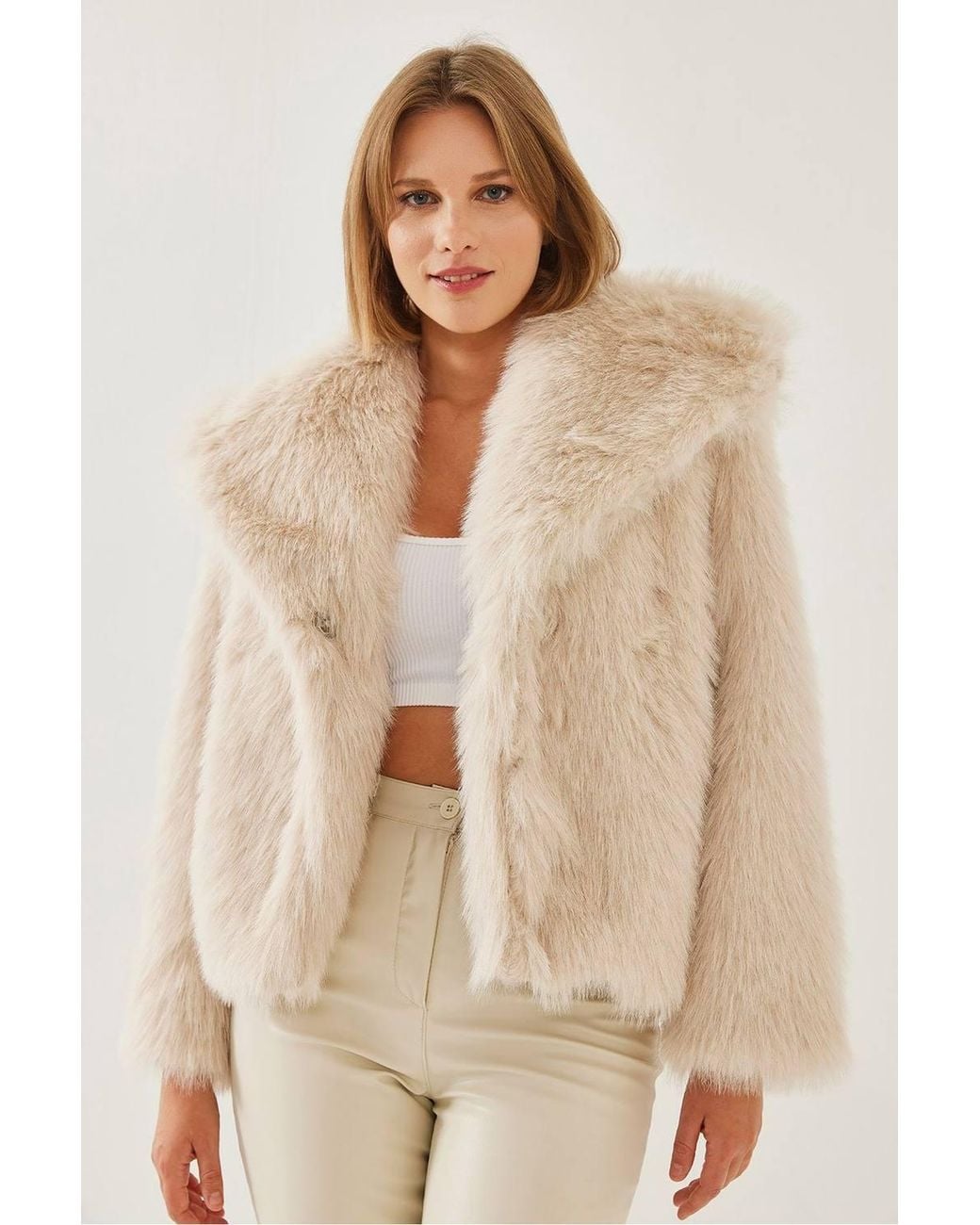 Bianco Lucci Natural Textured Puffer Coat With Faux Fur