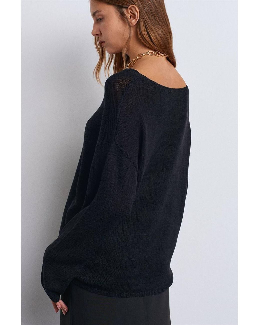 Dilvin Black Ribbed Boat-Neck Knit Sweater