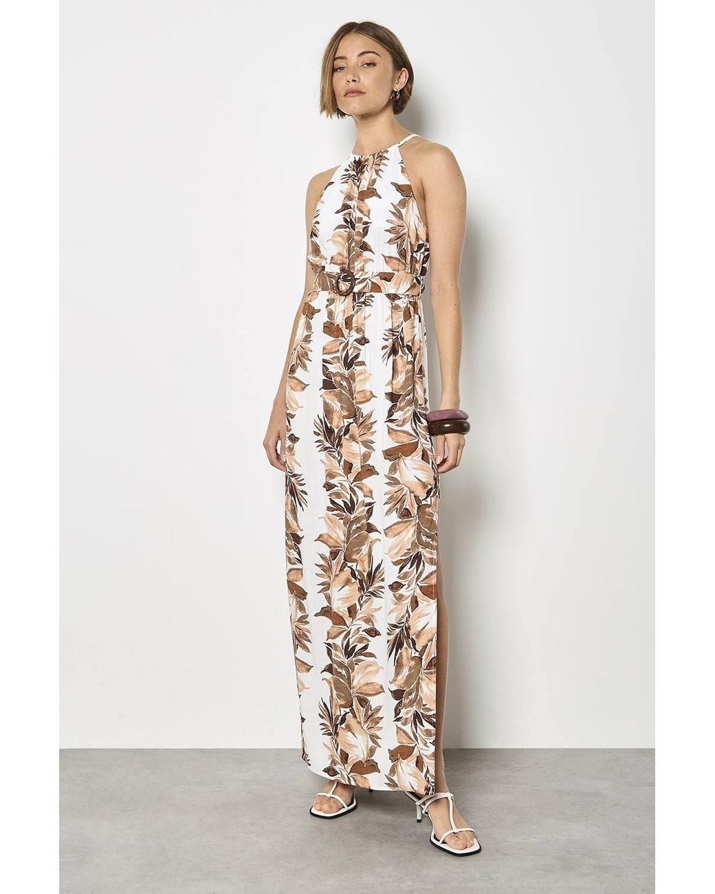Apricot White Tropical Leaf Halter Neck Maxi Dress