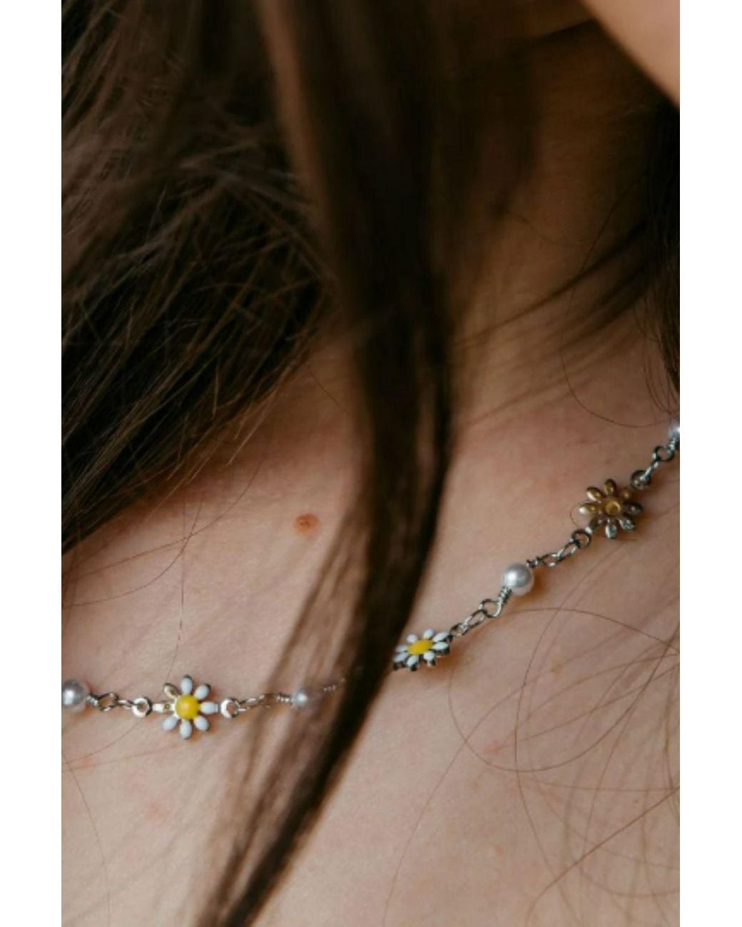 The Colourful Aura Brown Colourful Indie Boho Daisy Sun Flower Pearl Choker Floral Summer Necklace