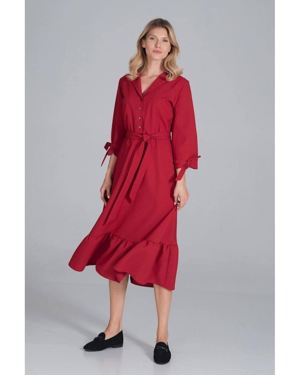 Love Lace Flared V-Neck Long Sleeve Maxi Dress With Ruffles