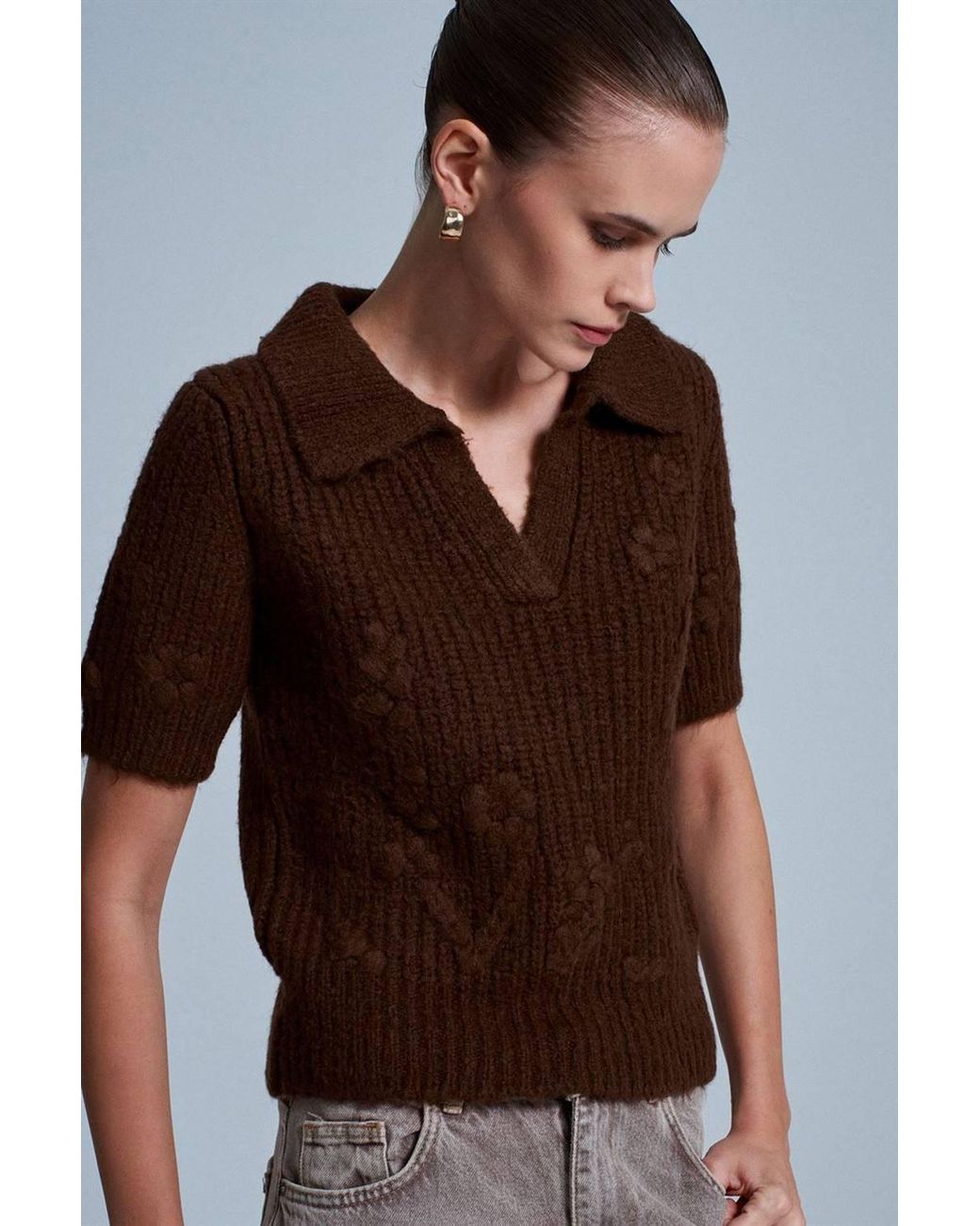 Dilvin Brown Textured Ribbed Polo-Collar Sweater