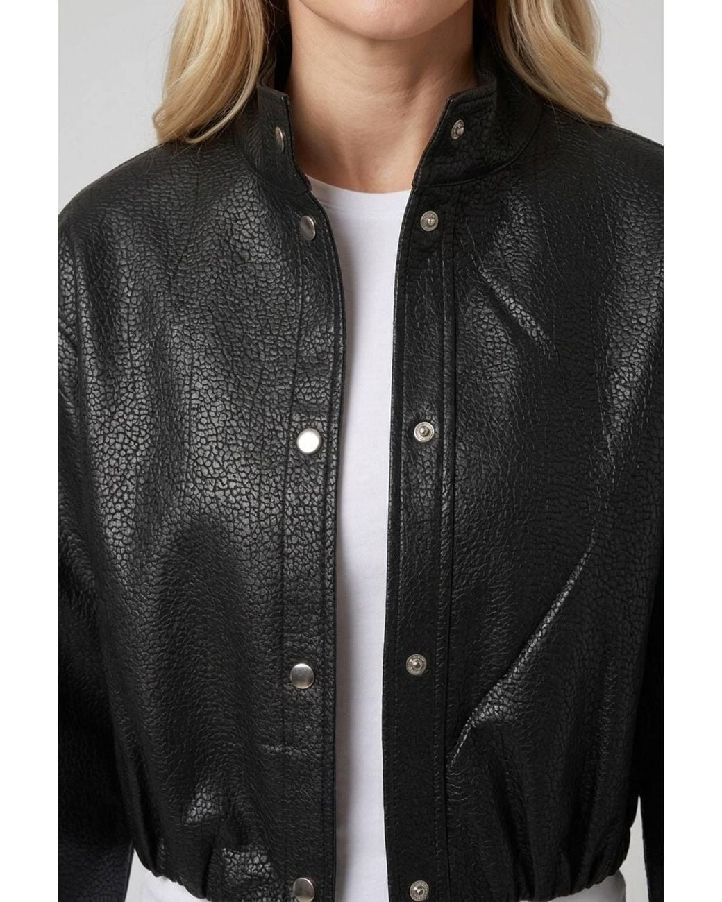 Izabel London Blue Faux Leather High Neck Cropped Jacket