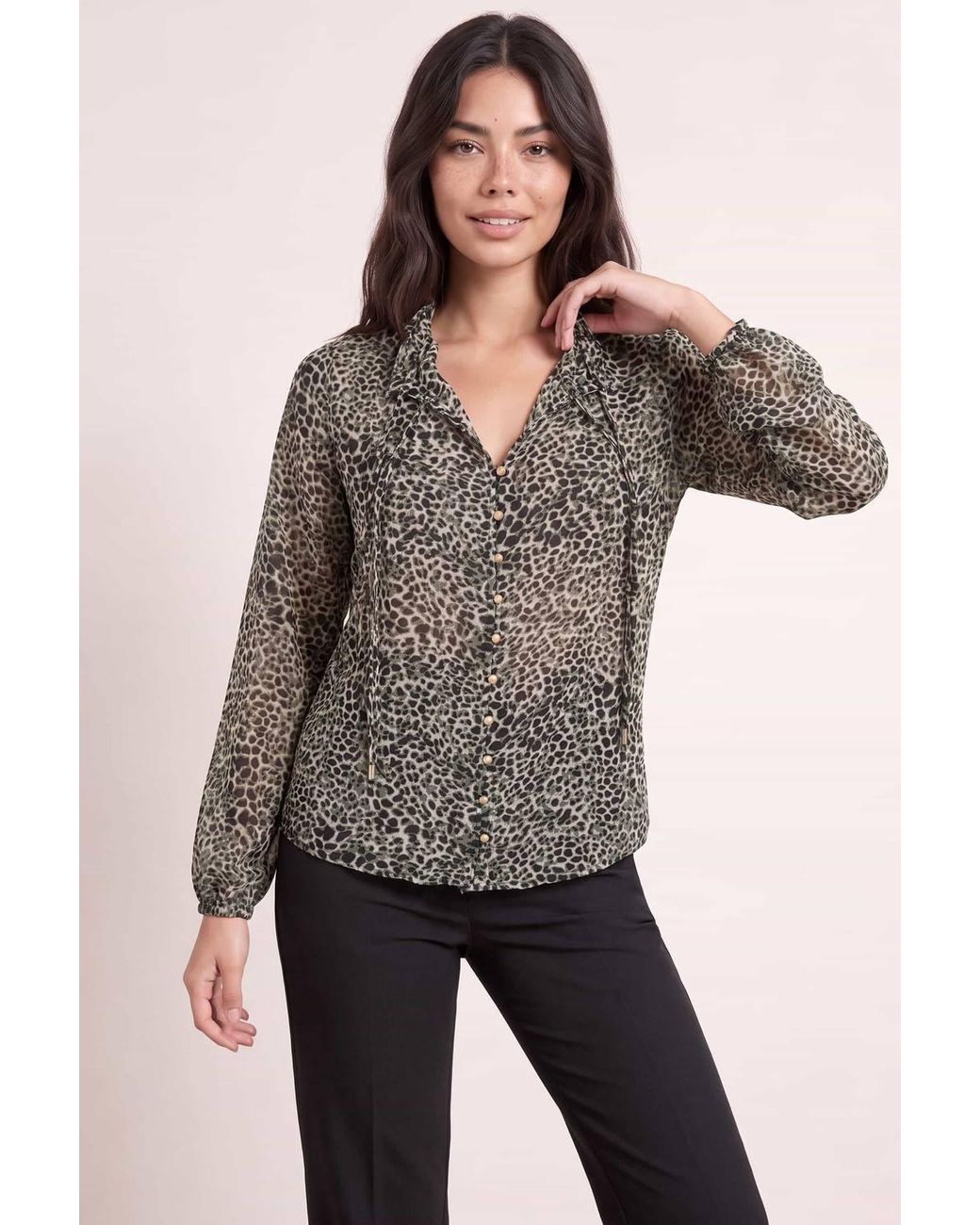 Style Cheat Gray Animal Print Tie Blouse