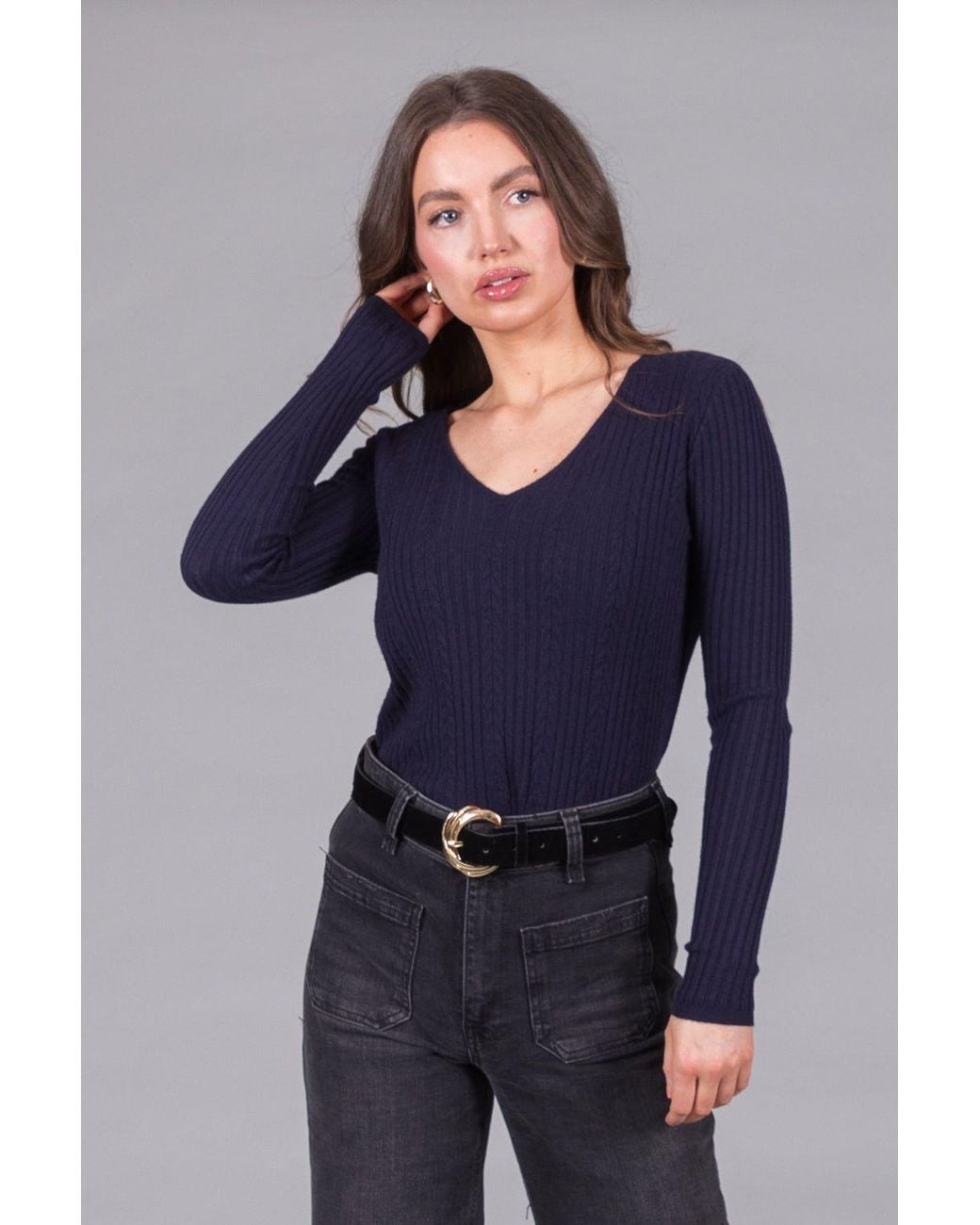 Solo Blue Ribbed V-Neck Jumper