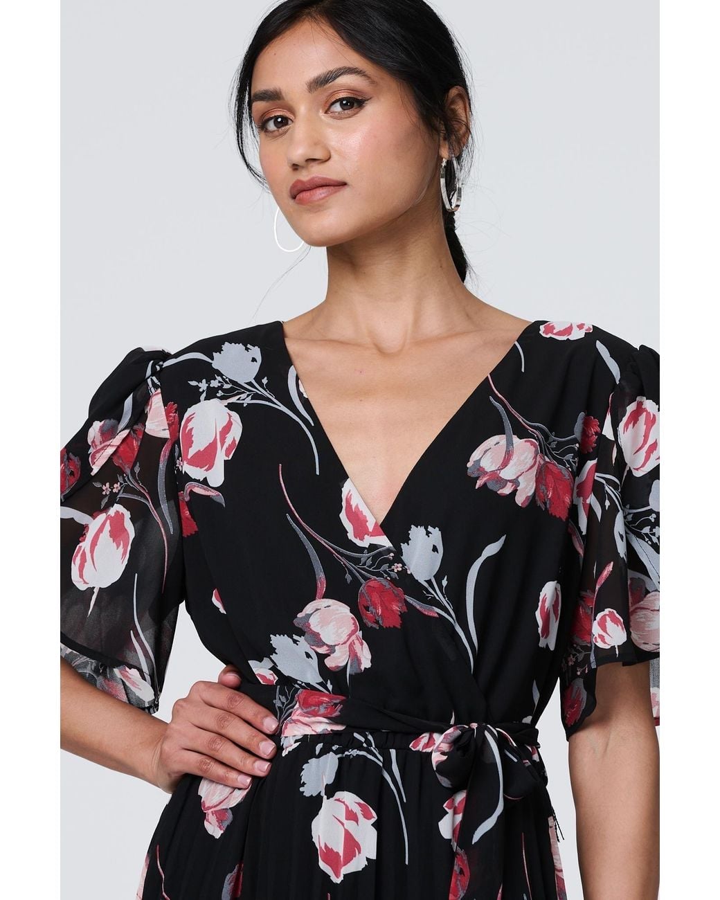 Izabel London White Floral Sheer 1/2 Sleeve Midi Wrap Dress