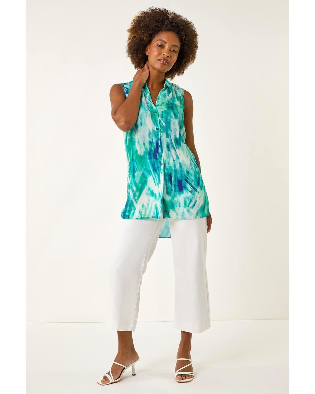 Roman Blue Abstract Print Button Longline Blouse