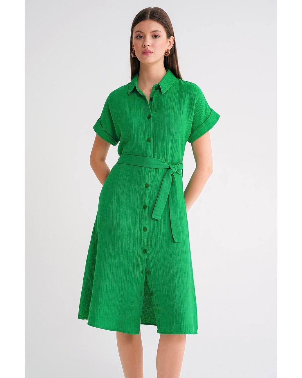 MixRay Green Relaxed Fit Midi Dress With Shirt Collar & Buttons