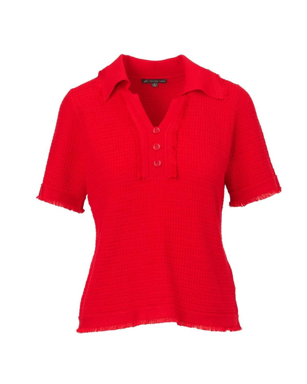 Adrianna Papell Red Short Sleeve Button Front Polo Fray Edge Sweater