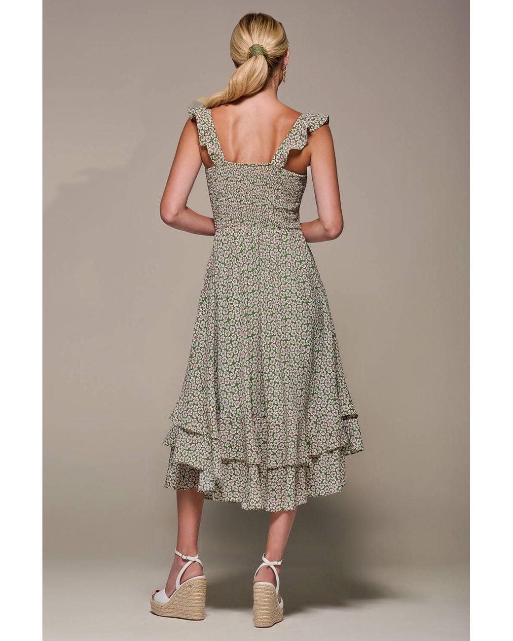 Jolie Moi Natural Shirred Ruffle Sleeve Tiered Midi Dress