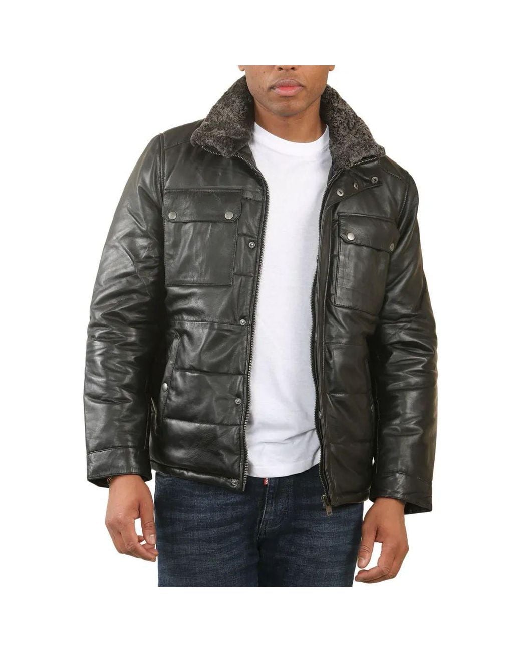 TruClothing Black Quilted Faux Fur Collar Leather Jacket for men