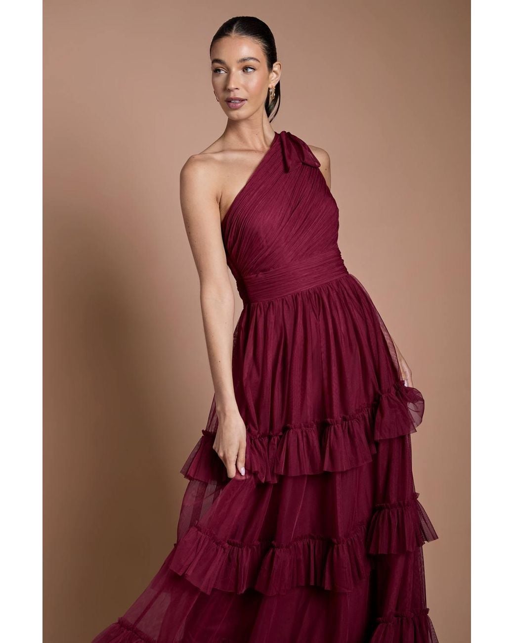 Oasis Pleated Mesh One Shoulder Tiered Maxi Bridesmaid Maxi Dress