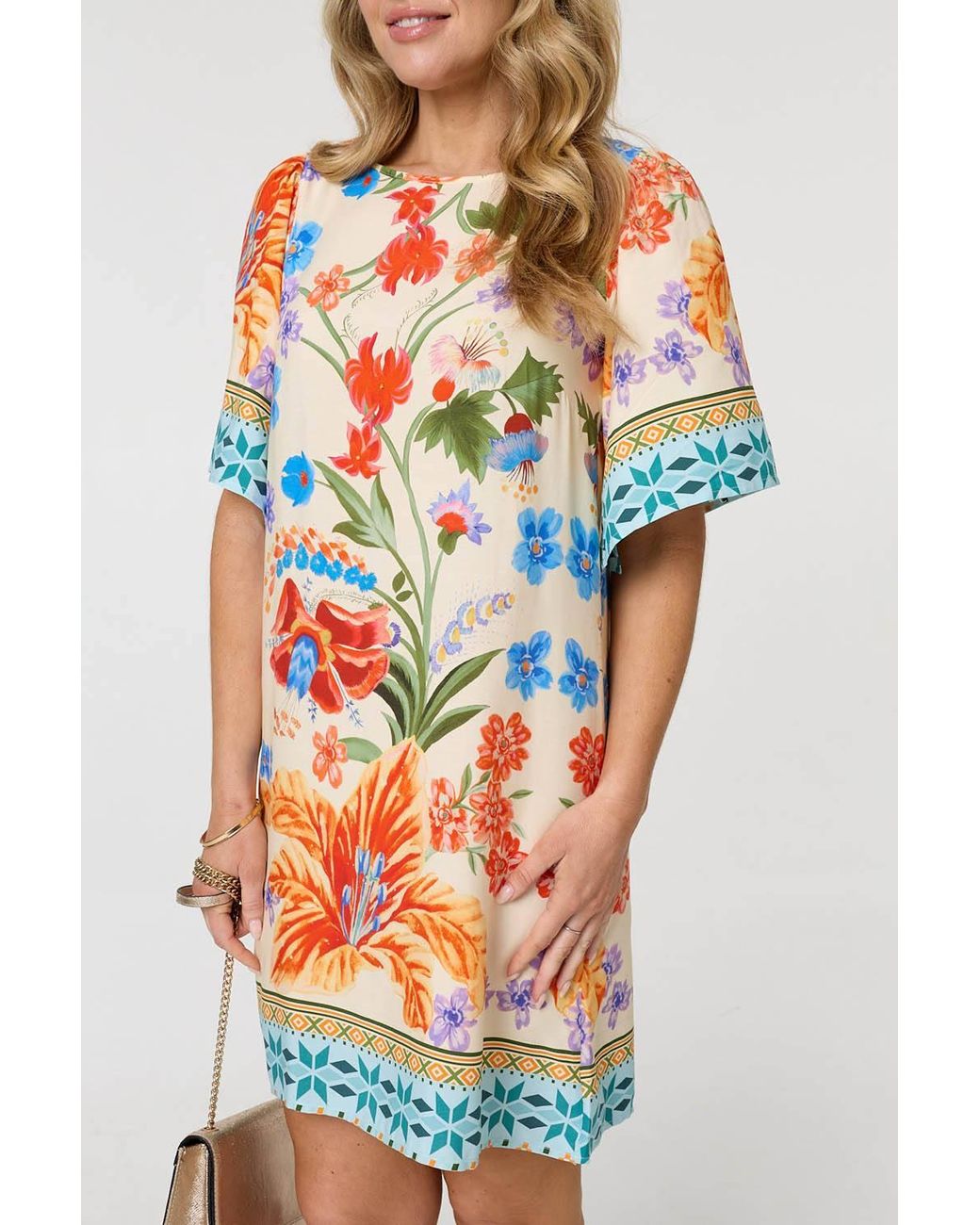 Izabel London Orange Floral Border Print Short Shift Dress