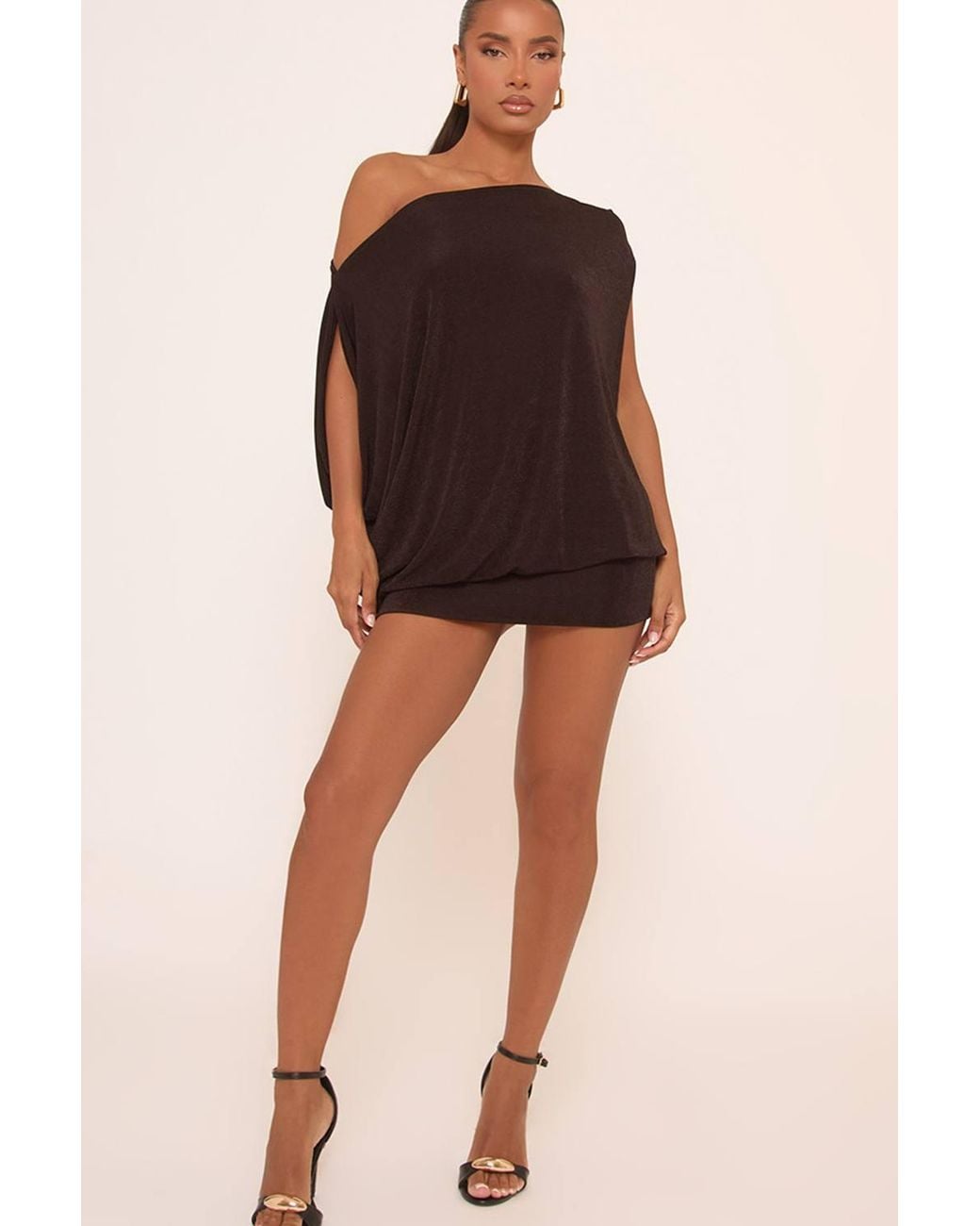 EGO Brown Short Sleeve Drape Mini Dress