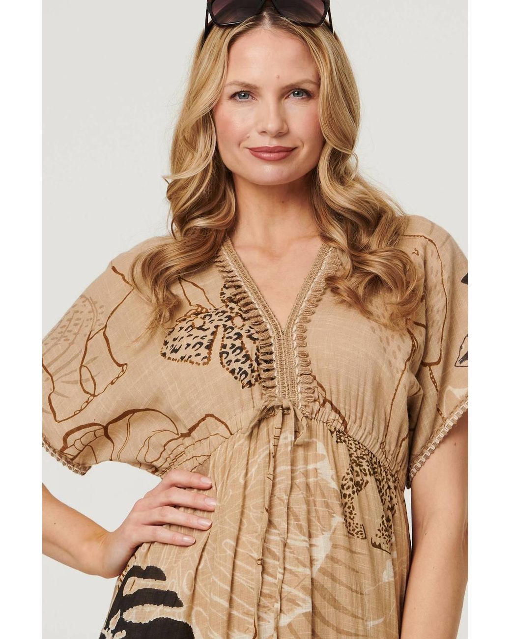 Izabel London Natural Printed Short Sleeve Empire Maxi Dress
