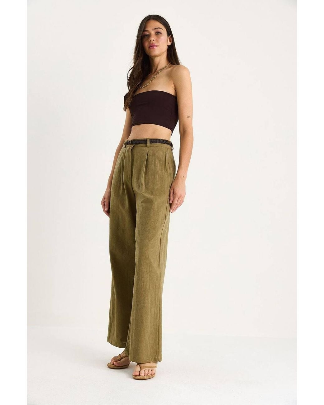 Bianco Lucci Green Textured Palazzo Pants With Pockets