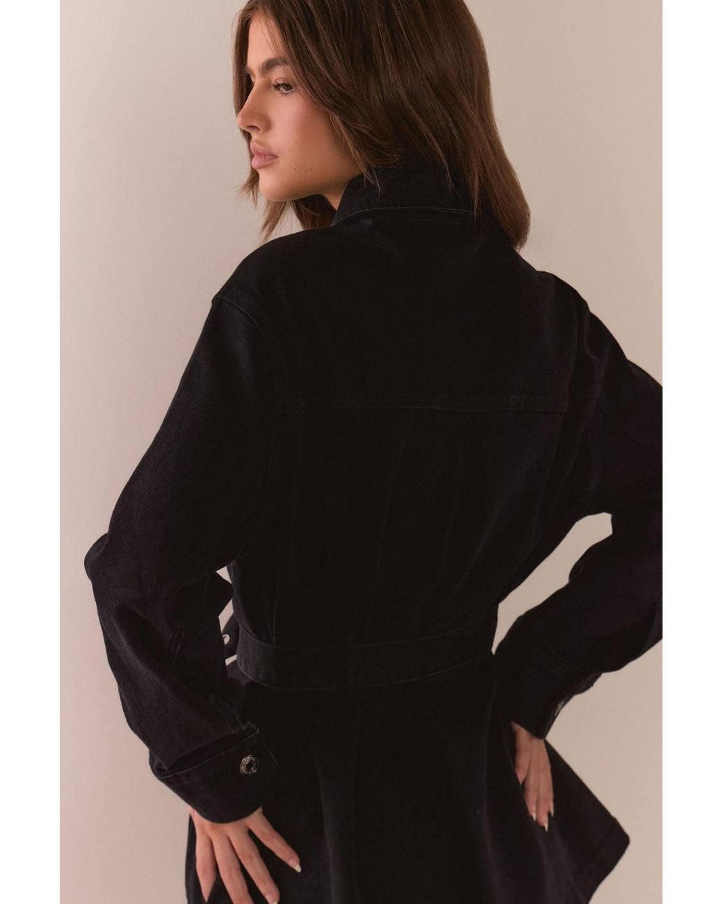 Warehouse Black Pocket Detail Belted Denim Jacket