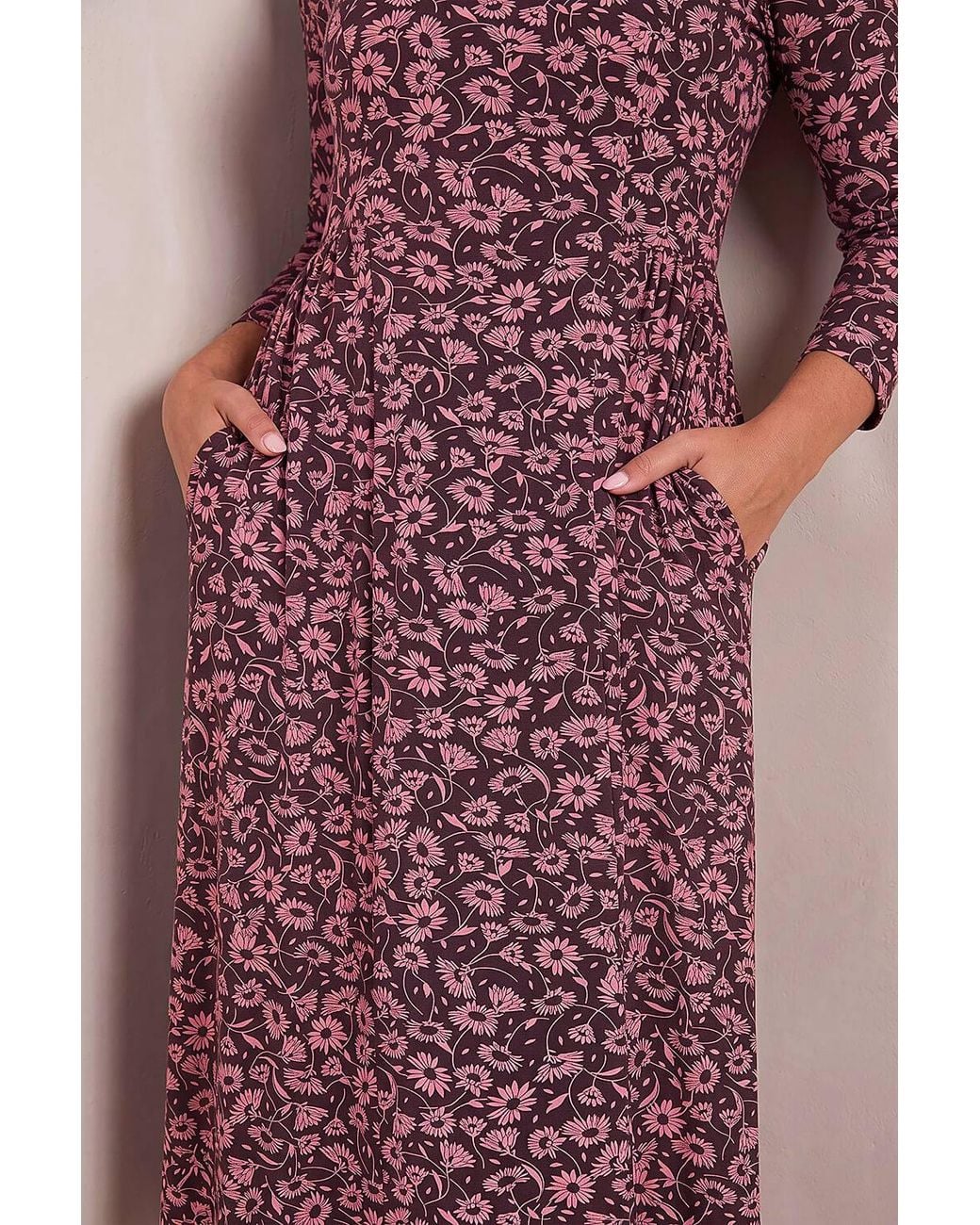 Roman Purple Floral Print Ruched Midi Dress