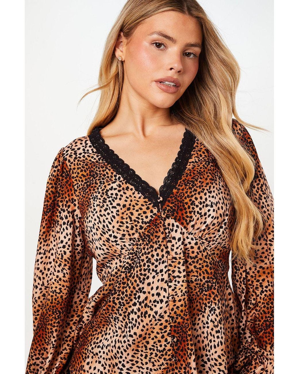 Dorothy Perkins Brown Sleeve Lace Trim Button Front Tea Blouse