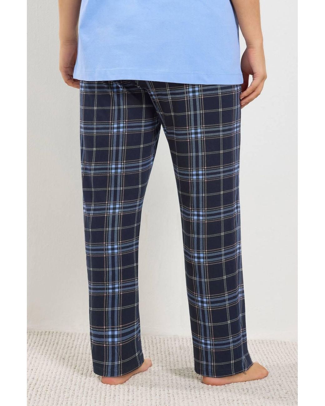 Yours Blue Check Wide Leg Cotton Pyjama Bottoms