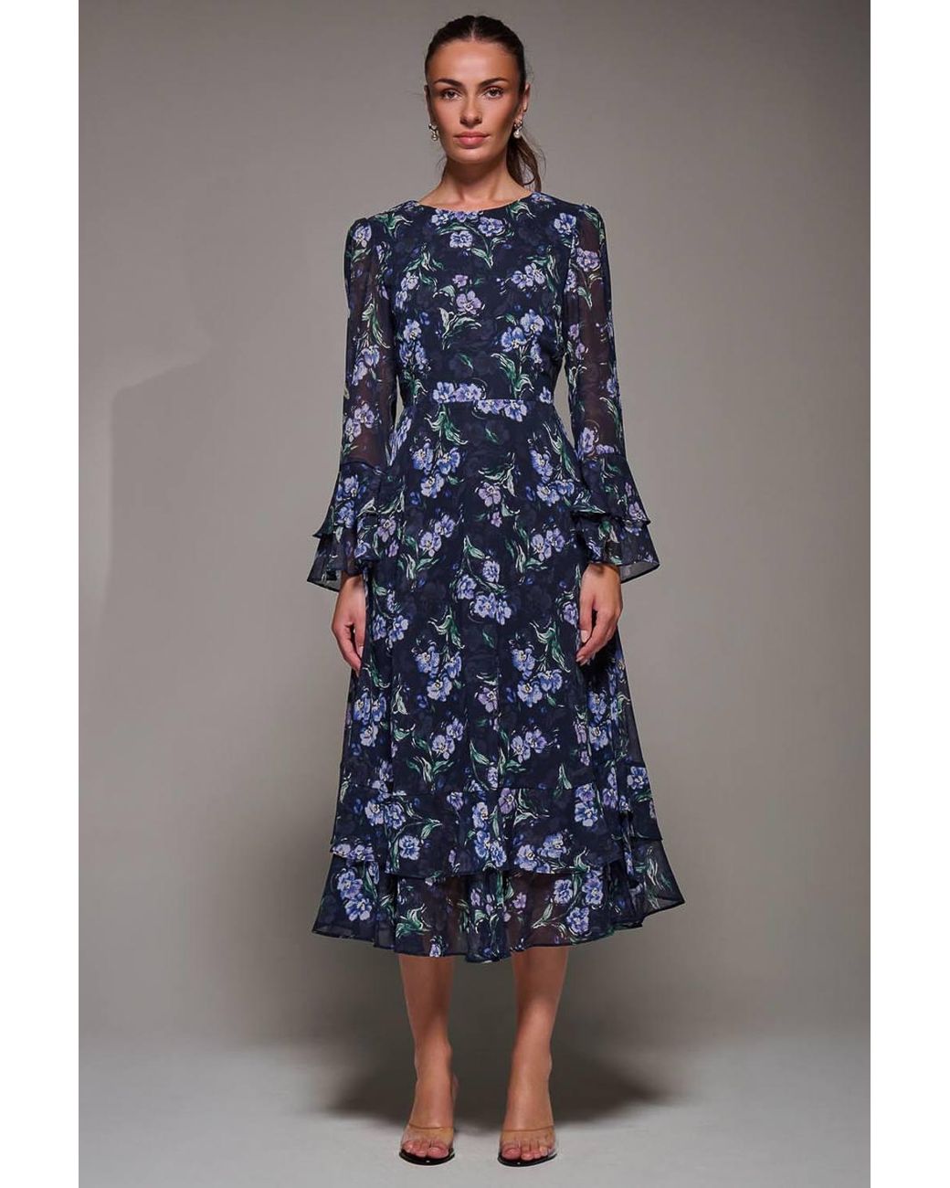 Jolie Moi Blue Long Sleeve Chiffon Frill Midaxi Dress