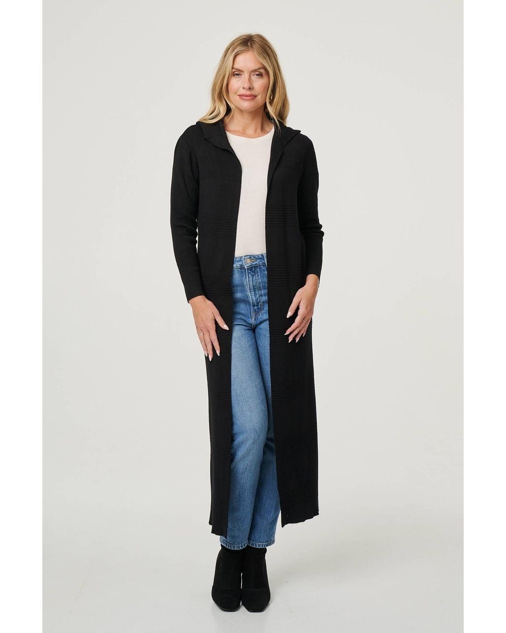 Izabel London Blue Hooded Open Front Longline Coat
