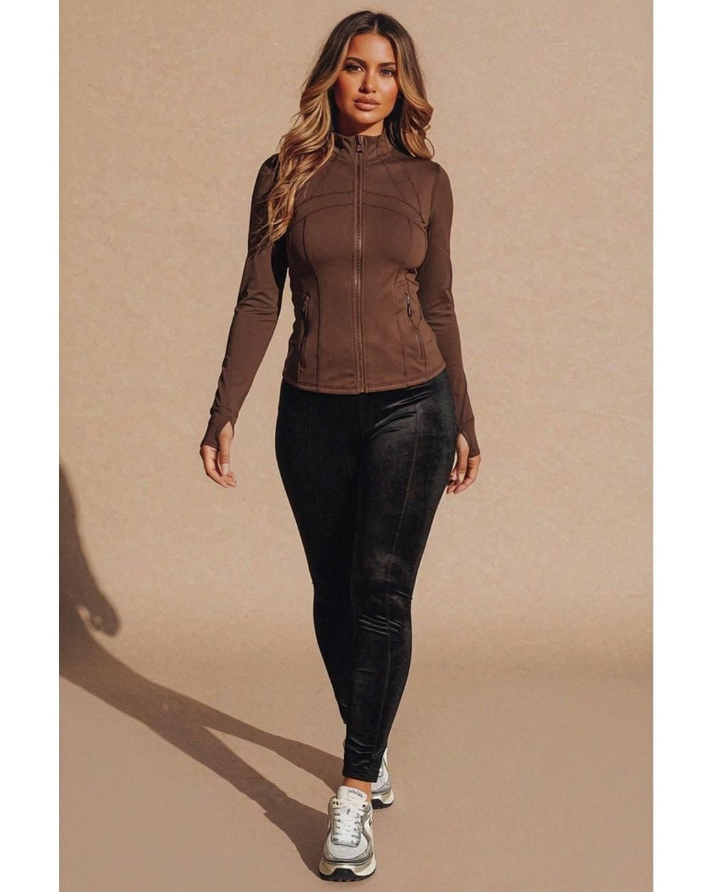 Femme Luxe Natural High Neck Fitted Zip Up Lightweight Jacket