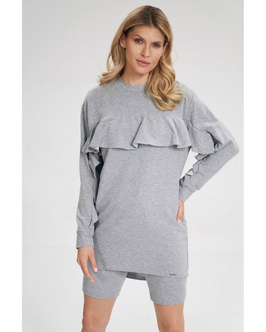 Love Lace Gray Cotton Long Sleeve Tunic With Bust Ruffle Style 162357