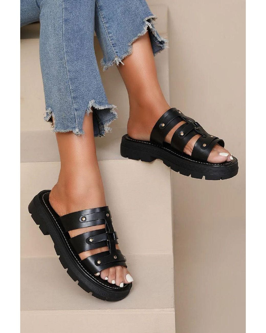 LARANGE Black Gladiator Slip On Platform Sandals