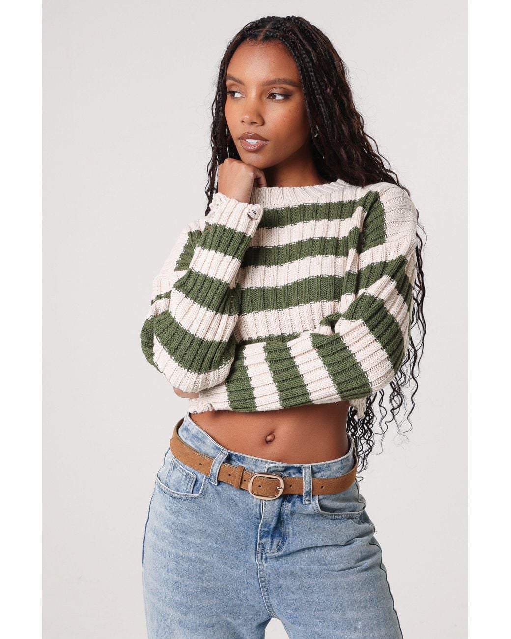 Pink Vanilla Blue Distressed Striped Crop Knit Jumper
