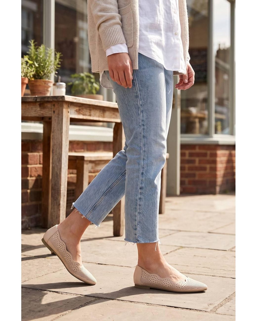 Spot on Natural Scalloped Edge Perforated Ballet Pumps