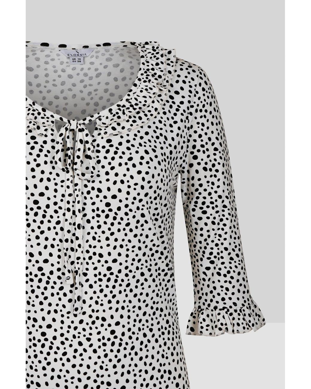 Enorsia Gray Polka Dot Prints Frill Neck Jersey Blouse