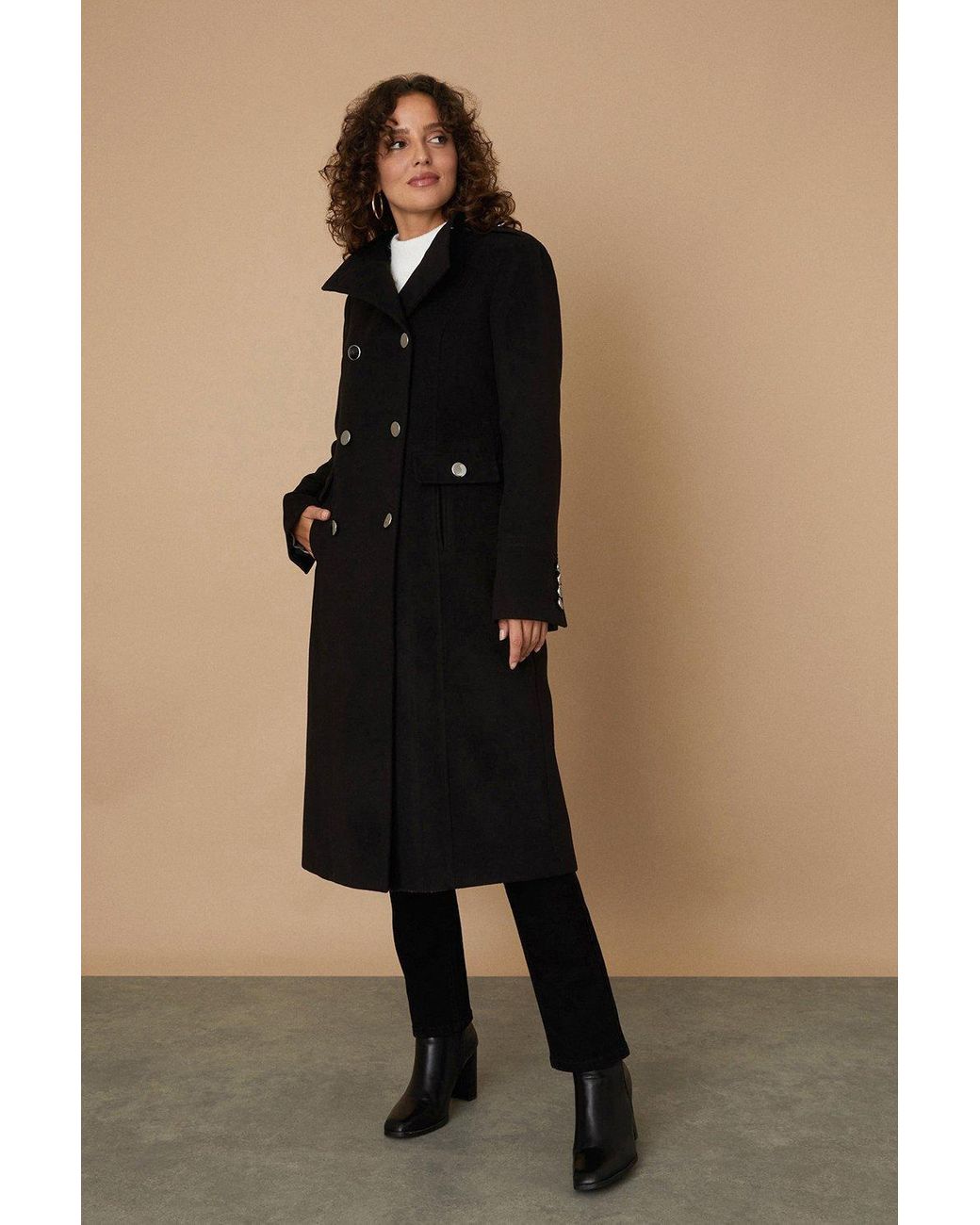 Wallis Double Breasted Funnel Longline Military Coat in Black Lyst