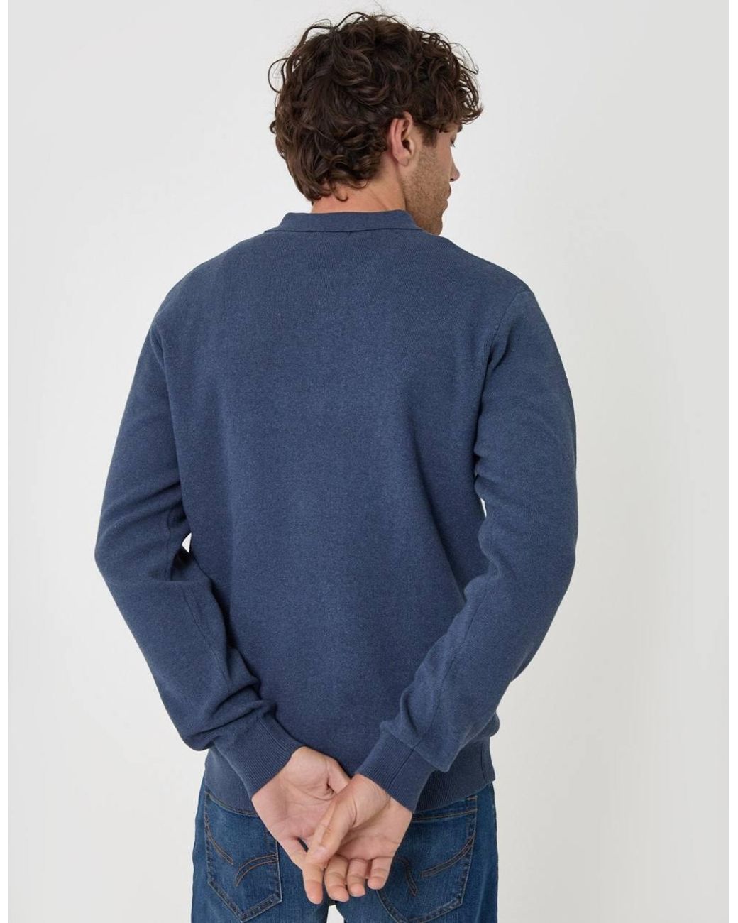 Threadbare Blue Cotton Rich Quarter Zip Long Sleeve Polo for men