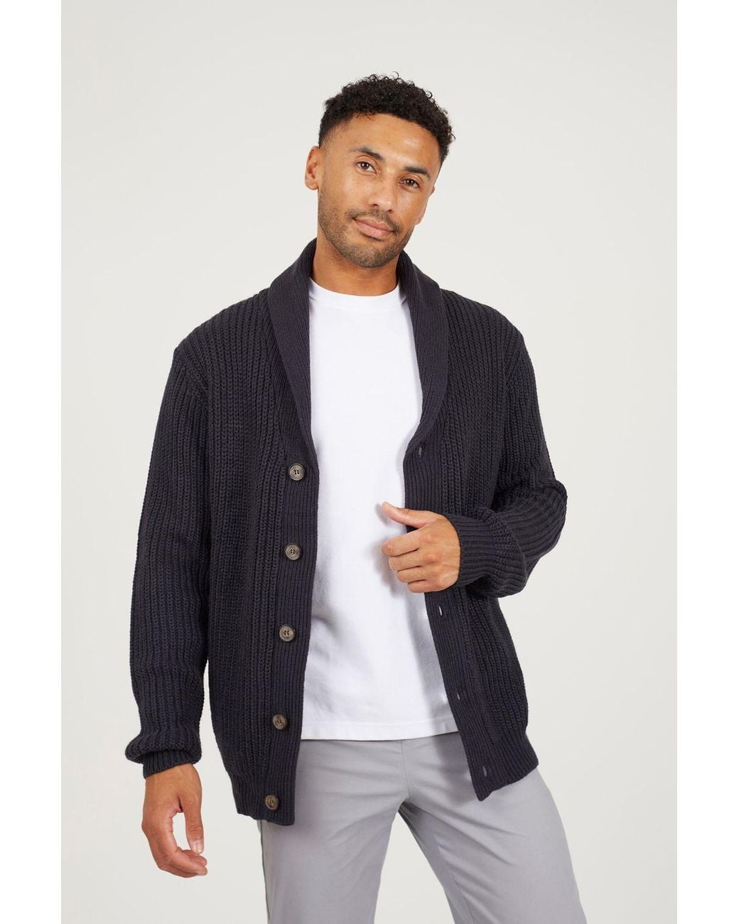 Brave Soul Blue Shawl Neck Chunky Knit Cardigan for men