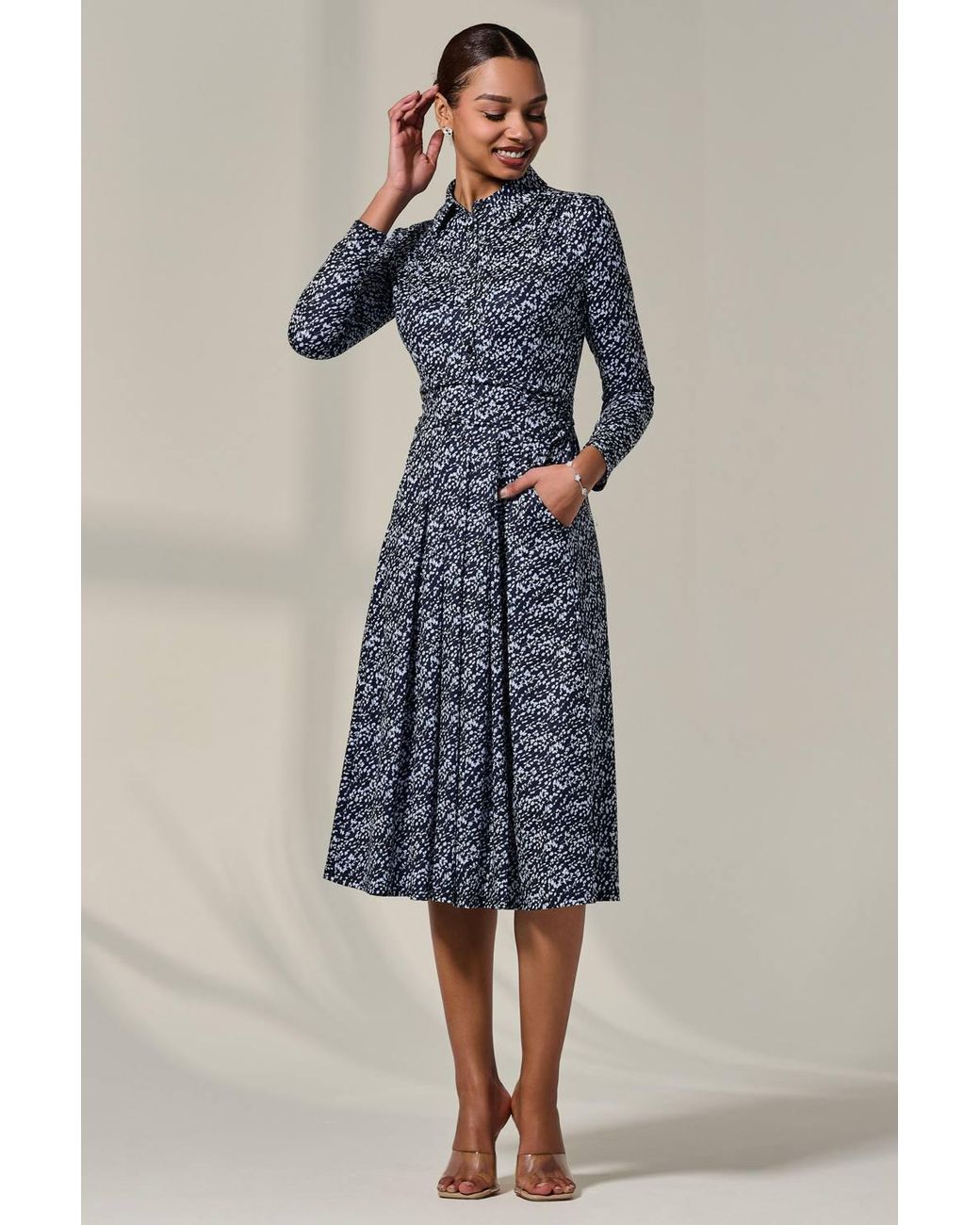 Jolie Moi Blue Long Sleeve Button Up Midi Dress