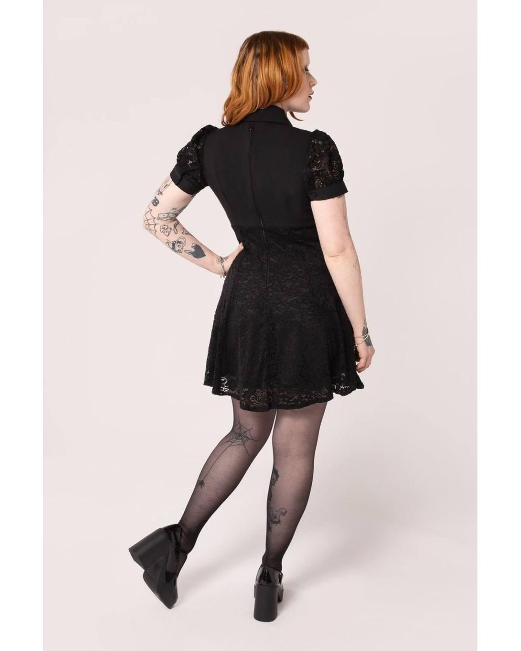 Hell Bunny Black Dominica Lace Puff Sleeve Mini Dress With Pearl Button Detail