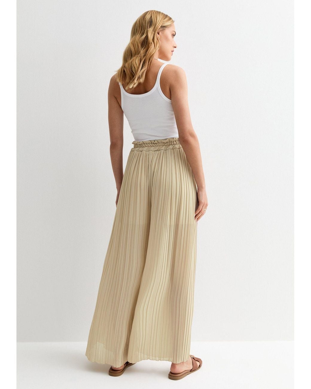 Gini London Natural Elasticated Waist Plisse Wide Led Trouser