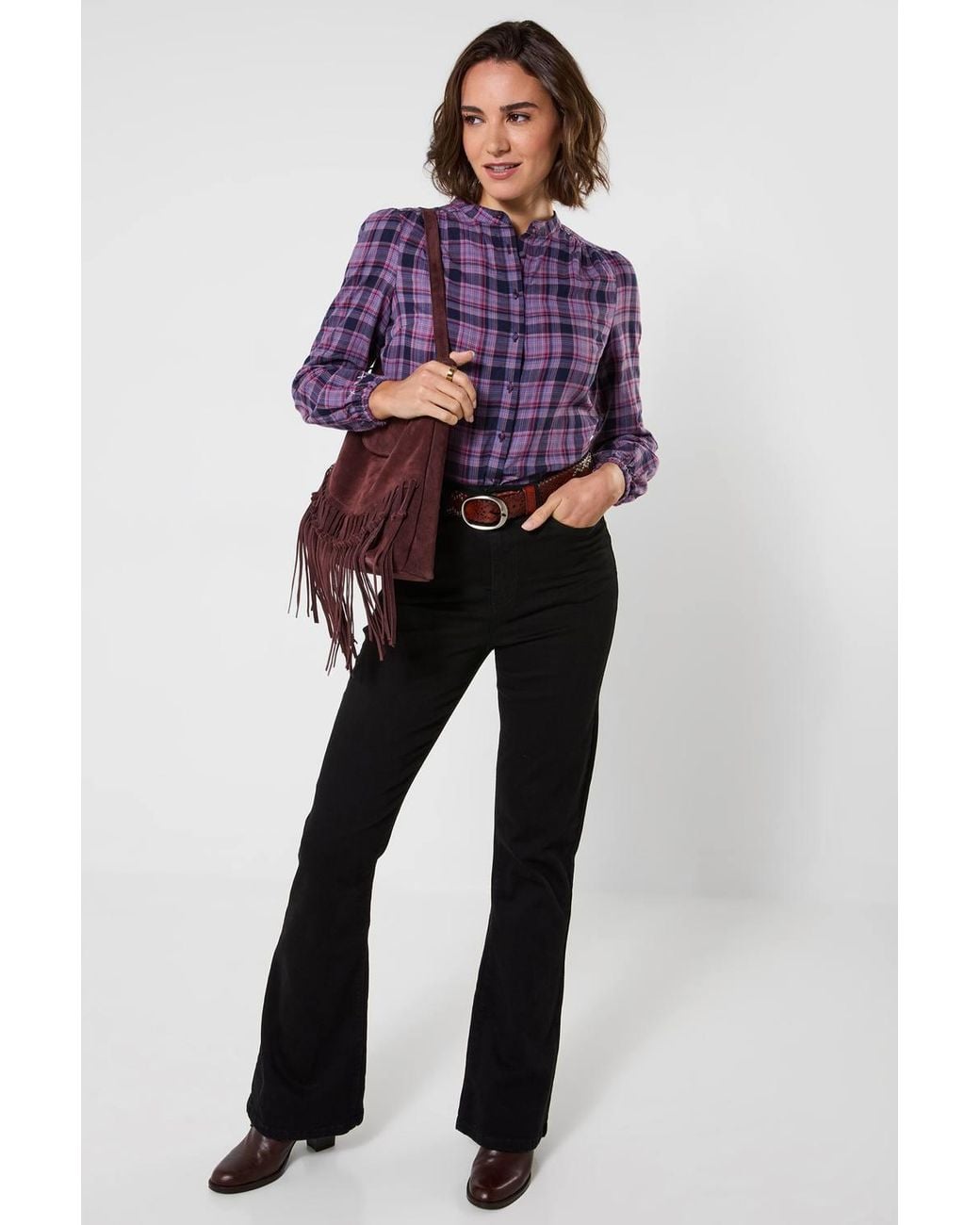 Joe Browns Purple Sophia Checked Blouse With Sheering Detail