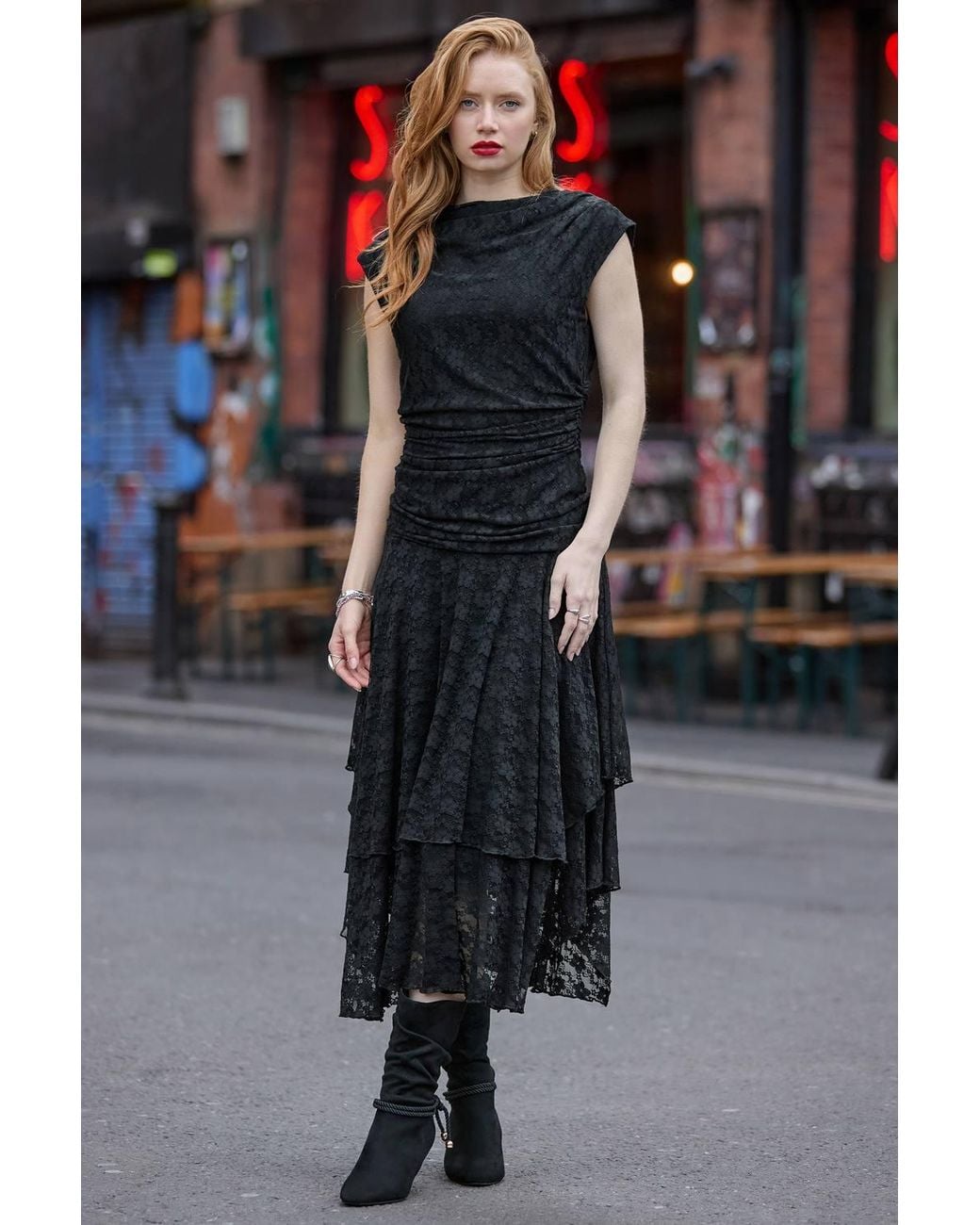 Joe Browns Black Elegant Lace Cowl Neck Dippy Hem Dress