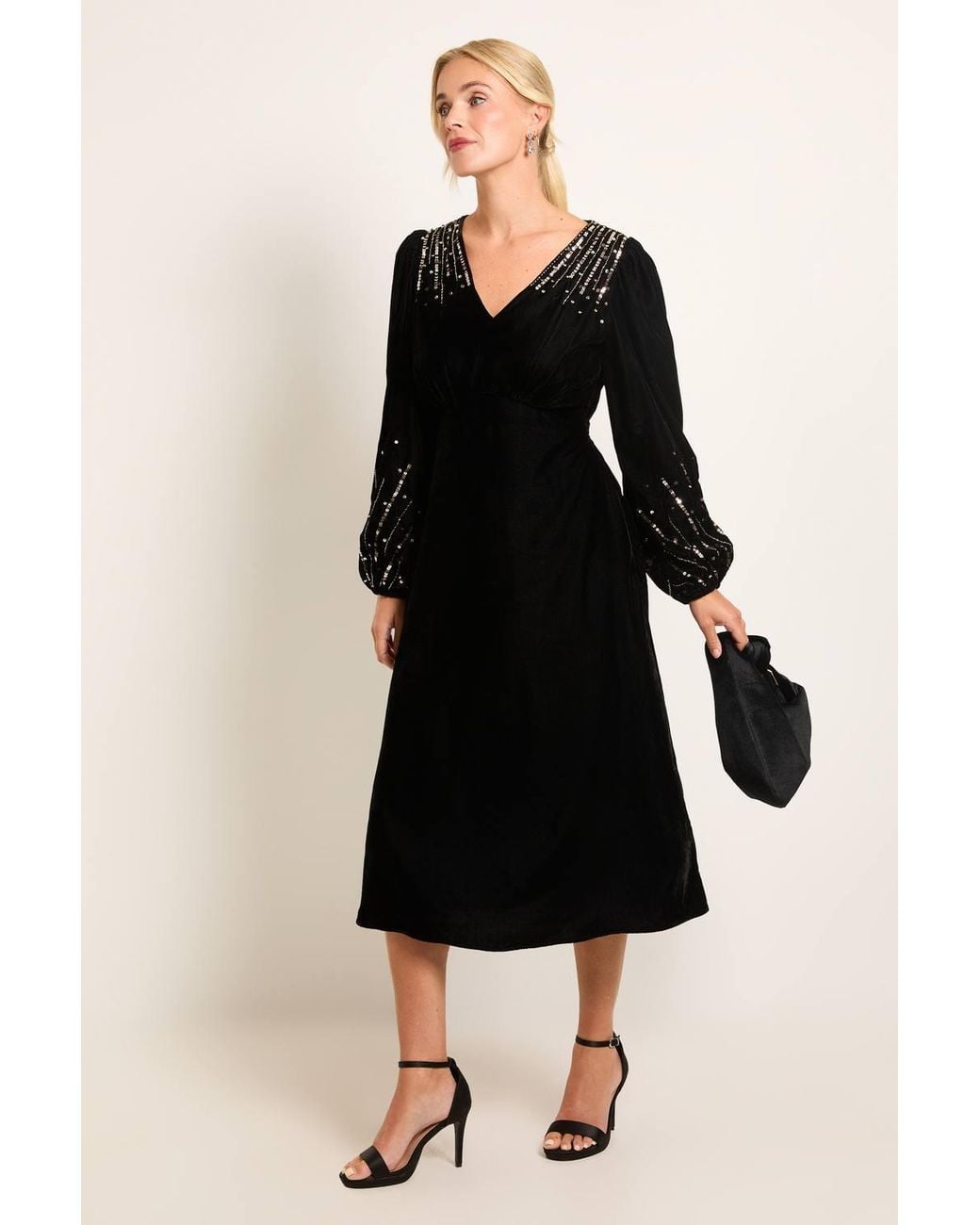 Wallis Black Petite Velvet Embellished Midi Dress