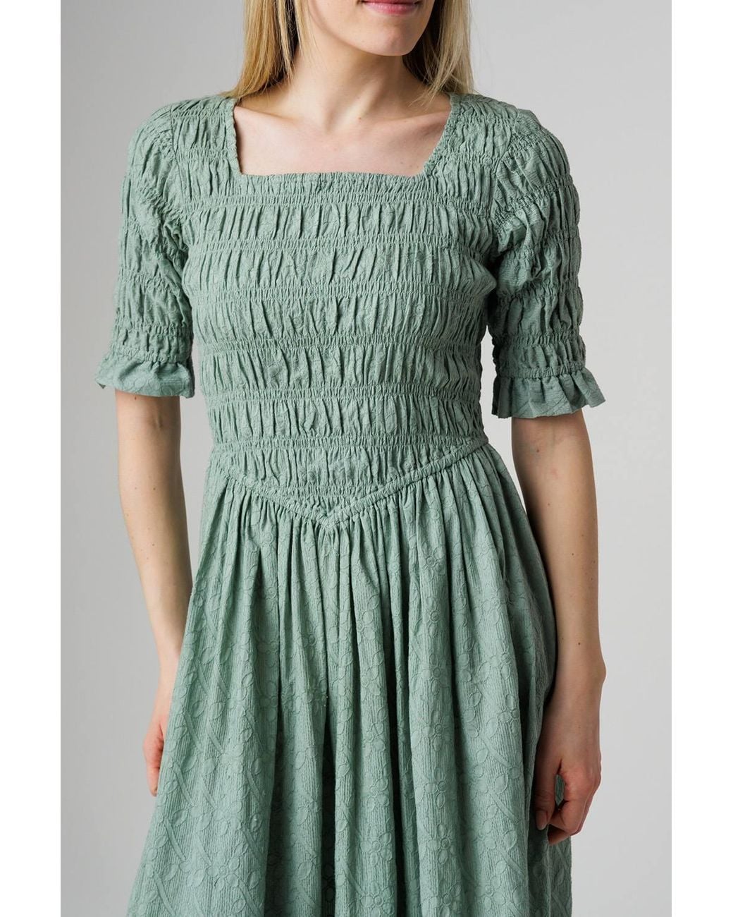 Native Youth Green Cotton Jacquard Shirred Short Sleeve Midi Dress