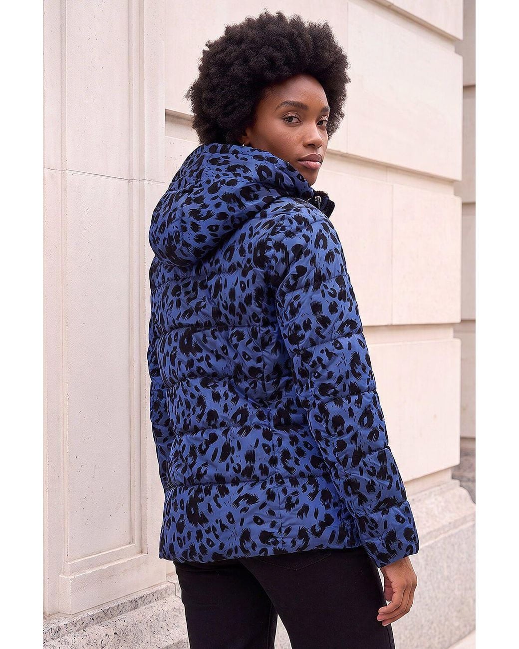 Roman Blue Animal Print Flocked Hooded Coat