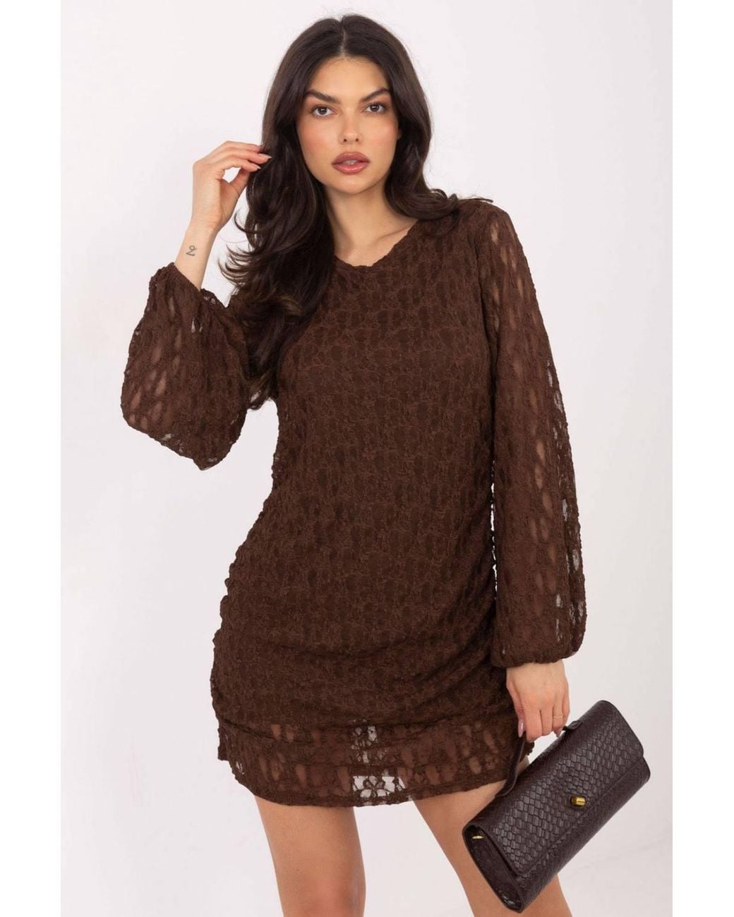 Love Lace Brown Elegant Lace Mini Dress With Ruched Sides