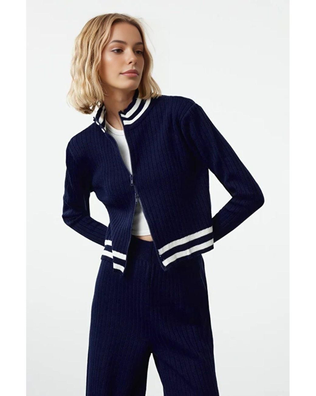 WOVCOR Blue 2-Piece Set Zip-Up Knit Cardigan & Wide Leg Pants