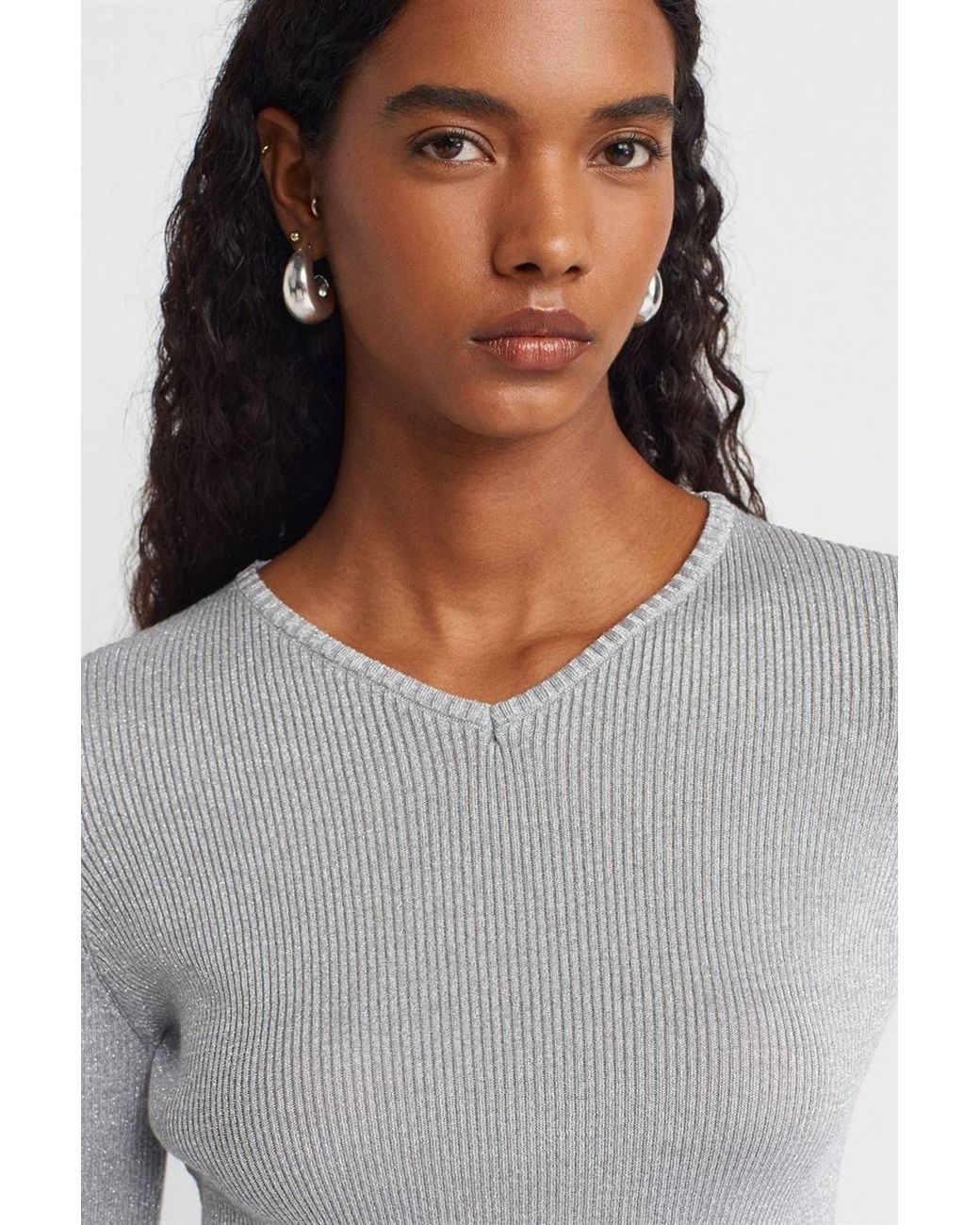 Dilvin Gray Slim Fit V-Neck Ribbed Sweater