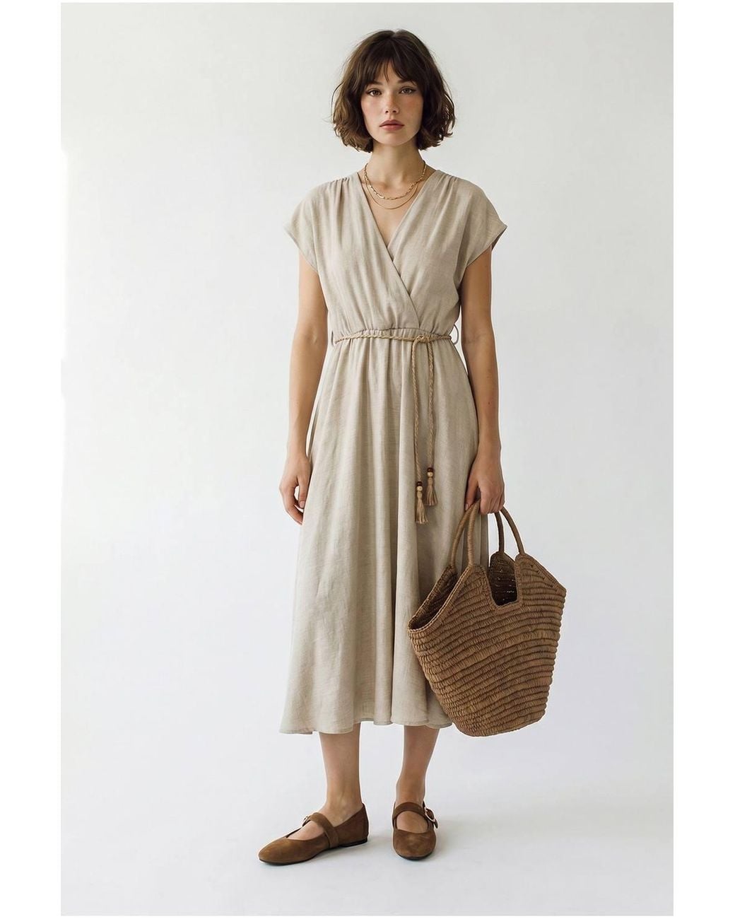 Bianco Lucci Natural Belted Wrap Midi Dress