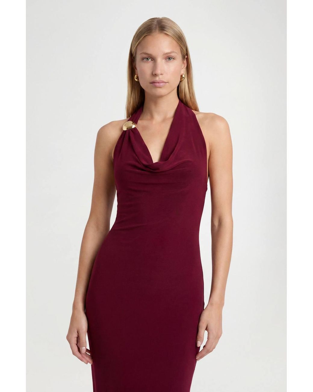 Roselle Red Cowl Neck Halterneck Slinky Backless Maxi Dress